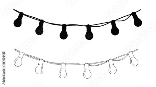 A decorative string of lights shown in black and white silhouette