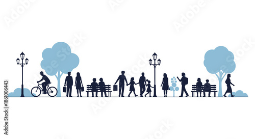 A peaceful city park scene with people walking cycling and relaxing a beautiful silhouette