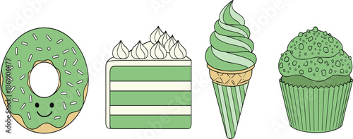 Green sweet dessert collection featuring matcha mint donut cake slice ice cream cone and cupcake for bakery menu party and vector design.