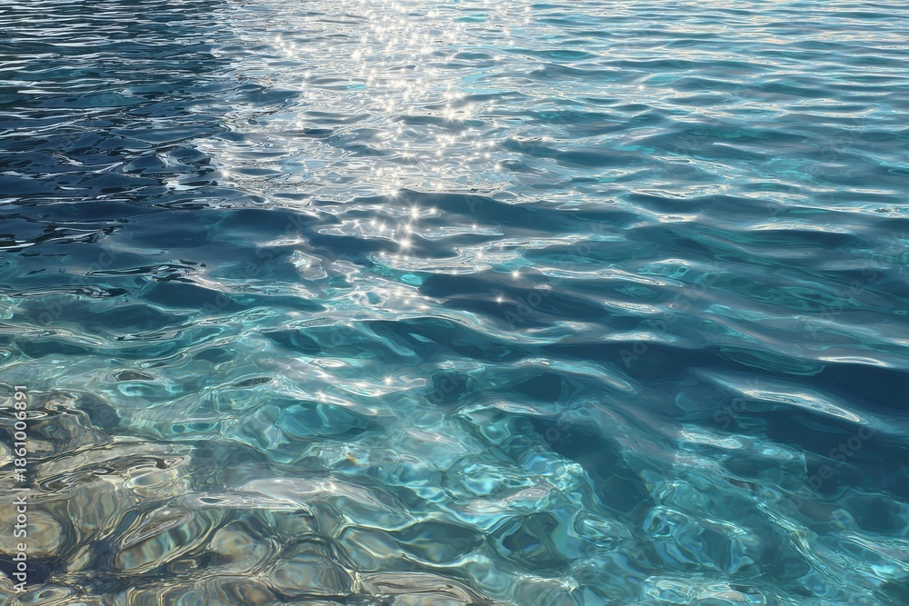 Obraz premium Tranquil close-up of crystalline blue water rippling gently under soft sunlight near the shore of a serene lake surrounded by natural beauty
