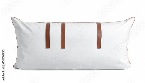 White pillow with leather straps & piped trim