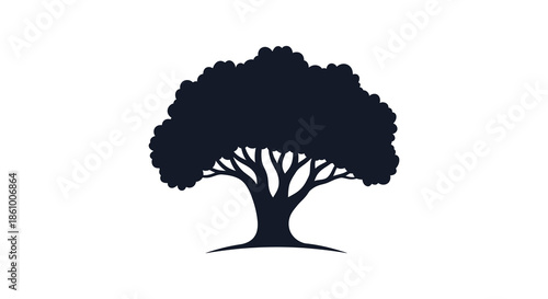 A striking depiction of a full leafy tree stands prominently against a white background silhouette