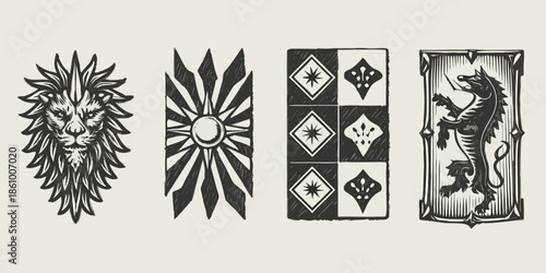 Four heraldic shields displaying lions suns and a griffin in vintage style