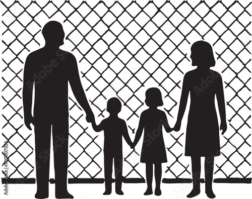 Black silhouette of family holding hands separated by fence