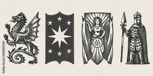 Medieval heraldic emblems dragon starburst angel and knight in armor