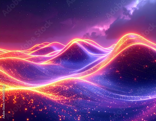 A fantastical landscape of neon waves under a starry night sky, shimmering with vibrant colors