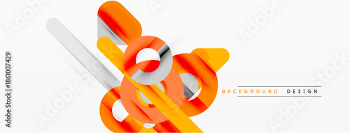 Abstract orange shapes overlap white ribbons. Modern design creates dynamic visual impact. Minimalist composition suits various projects.