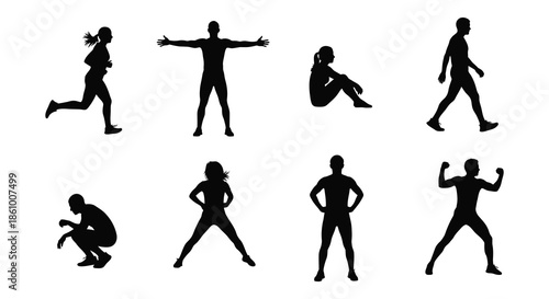 Diverse group of people in dynamic poses shown as dark shapes a silhouette