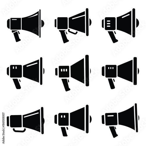 Megaphone icon set in black silhouette style