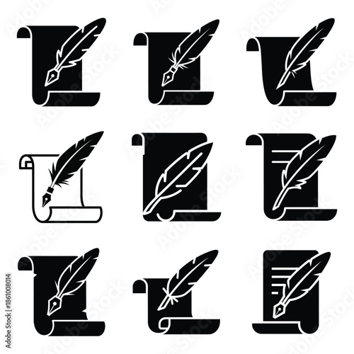 Quill and scroll icons in silhouette stationery set