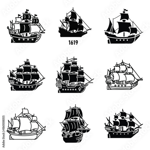Ship silhouette set of historic sailing vessels