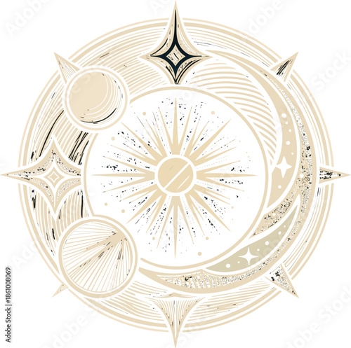Stunning celestial design with sun, stars, and planets in gold