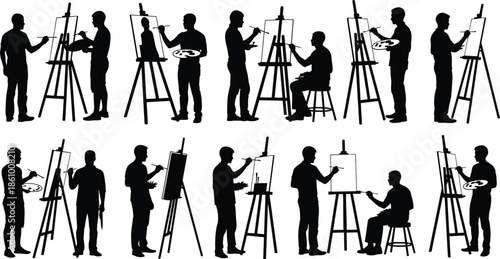 artist painting at easel silhouettes, creative people drawing portraits, painters working in studio, art students practicing, artistic hobby illustration collection