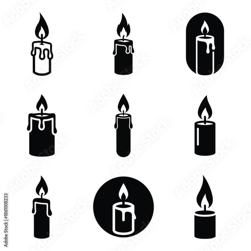Candle icon set in black silhouette style