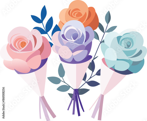 Bouquets of colorful roses in pink, purple, and blue hues with leaves