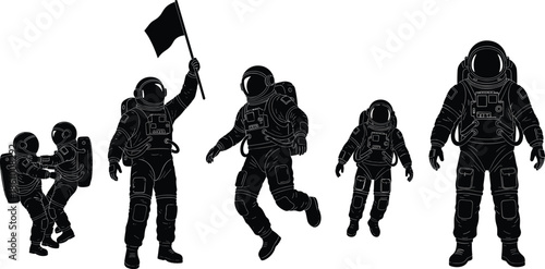 astronaut silhouette collection, space explorer figures, cosmic mission activity poses, space suit illustration set, astronauts walking floating celebrating in outer space design