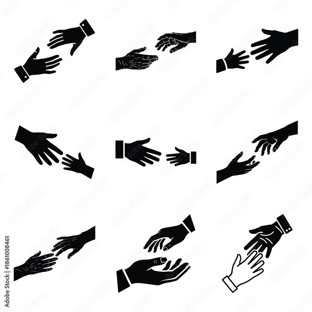 Obraz premium Hand reaching and helping gestures as black silhouette icons