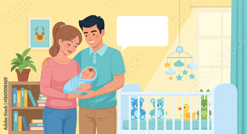 Young parents holding newborn baby.