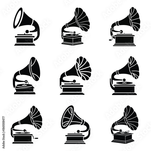 Gramophone vintage music player icons in black silhouette