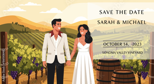 Bride and groom holding hands smiling.