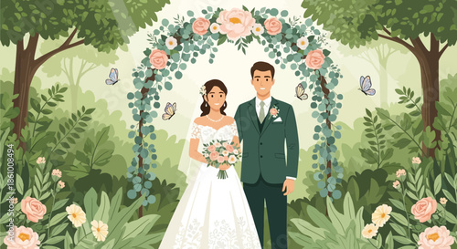 Bride and groom standing together happily.