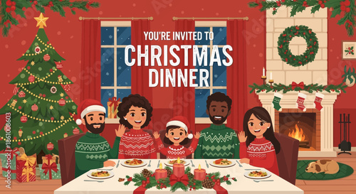 Diverse Family at Christmas Dinner Table.