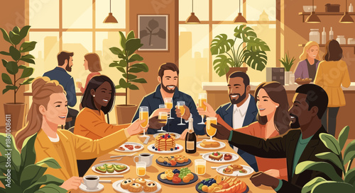 Diverse group of friends dining together.