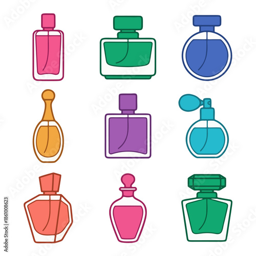 9 Colorful Flat Vector Perfume Bottle Icons Set with Outline