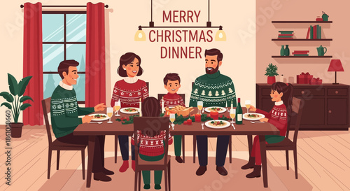 Family sitting at Christmas dinner table.