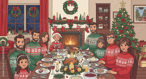 Family sitting around holiday dinner table.