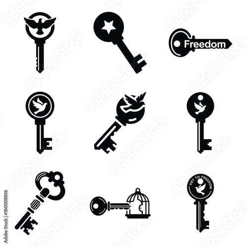 Key icons with bird and cage symbols representing freedom concept