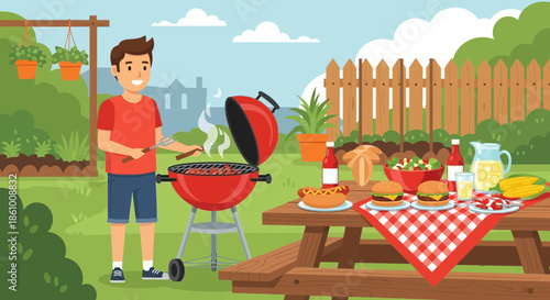 Man grilling outdoors in the garden.