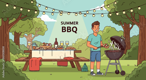 Man grilling food on barbecue outdoors.