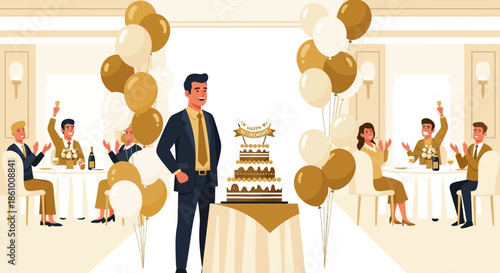 Man in suit standing by cake.