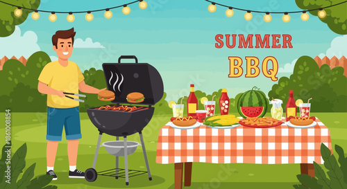 Man grilling food on barbecue.