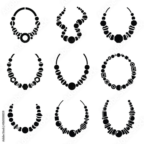 Necklace icons set with various bead designs in black silhouette