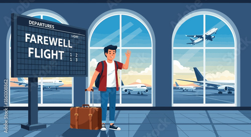 Man waving goodbye at airport terminal.