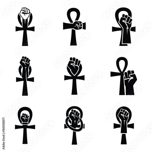 Ankh symbol and raised fist icons for power and life