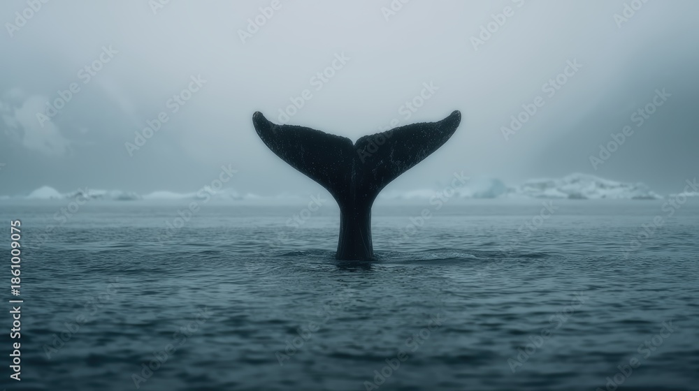Fototapeta premium A majestic whale's tail emerges from the serene, icy waters, surrounded by mist and distant icebergs, evoking tranquility and the wonders of marine life.
