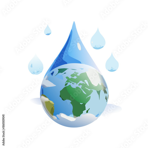 3D vector illustration of a blue glass earth globe with a water drop representing a global environment concept for nature and geography