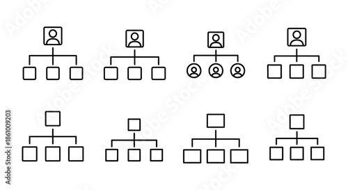 Four rows of organizational chart icons depicting hierarchical structures as a clean silhouette