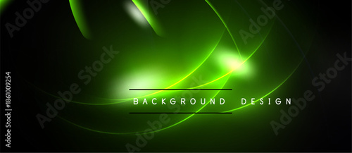 Dark backdrop features vibrant green lines, curves. Bright central glow creates dynamic visual effect. Text reads background design.