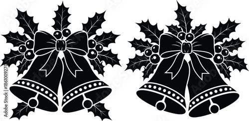 christmas bells decoration silhouette, festive holiday ornament, holly leaves and ribbon bow design, celebration winter season artwork, traditional xmas symbol illustration