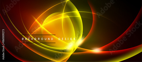 Dynamic abstract lines create vibrant energy. Golden hues blend with red, forming swirling patterns on black background. Design evokes motion, light.