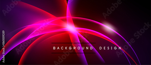 Abstract design features vibrant curves, glowing lines. Dark background enhances bright pink, purple hues. Text reads background design.