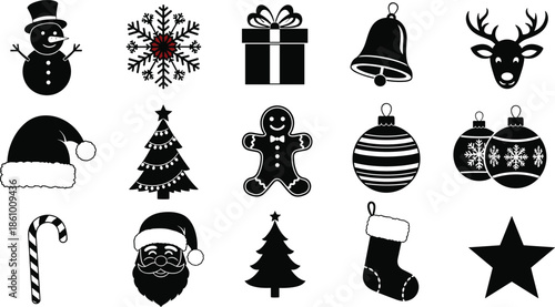 Christmas holiday icon set, festive winter symbols, snowman, Santa, tree, bell, gift box, ornament decoration silhouette collection for design and celebration