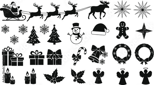 Christmas holiday icons set with Santa sleigh reindeer gifts wreath snowflakes bells candles trees festive elements winter celebration illustration vector