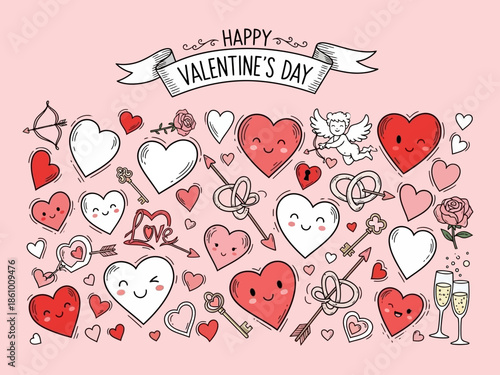 Valentine's Day Celebration with Hearts and Cupids Surrounding a Festive Banner