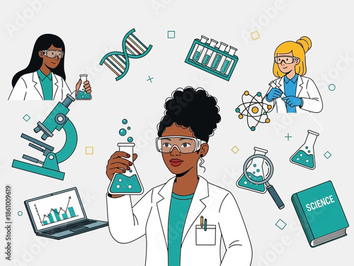 Scientists conducting experiments in a laboratory setting surrounded by various scientific equipment and symbols
