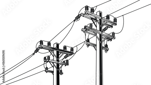 Close up electricity utility poles with overhead power wires, high voltage energy distribution network infrastructure, electric grid technology, urban utility illustration background
